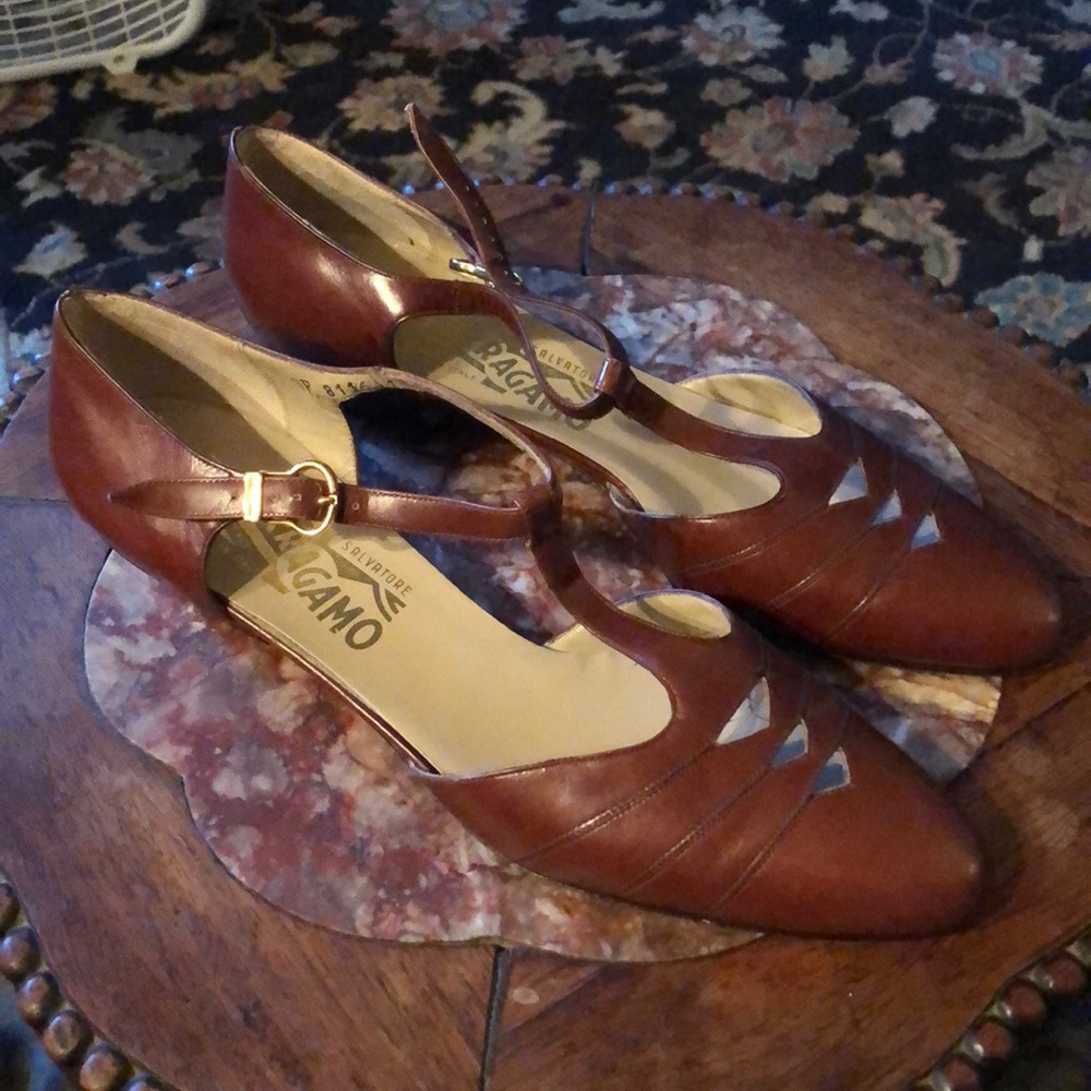 Salvatore Ferragamo Brown Heels with T-Strap Design